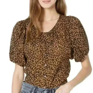 Madewell Leopard Print Button Down Puff Short Sleeve Blouse, Scoop Neck, Sz XXS